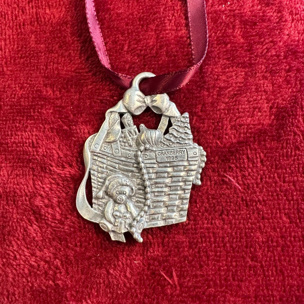 Longaberger 1995 Christmas Basket Pewter Ornament Teddy Bear Nutcracker